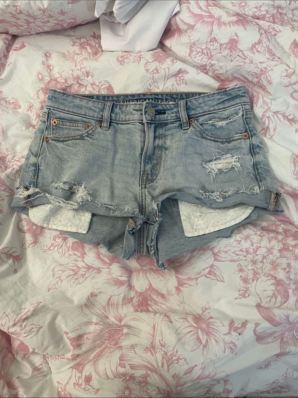 Worn Once American Eagle Outfitters Light Blue Distressed Denim Shorts with Lace